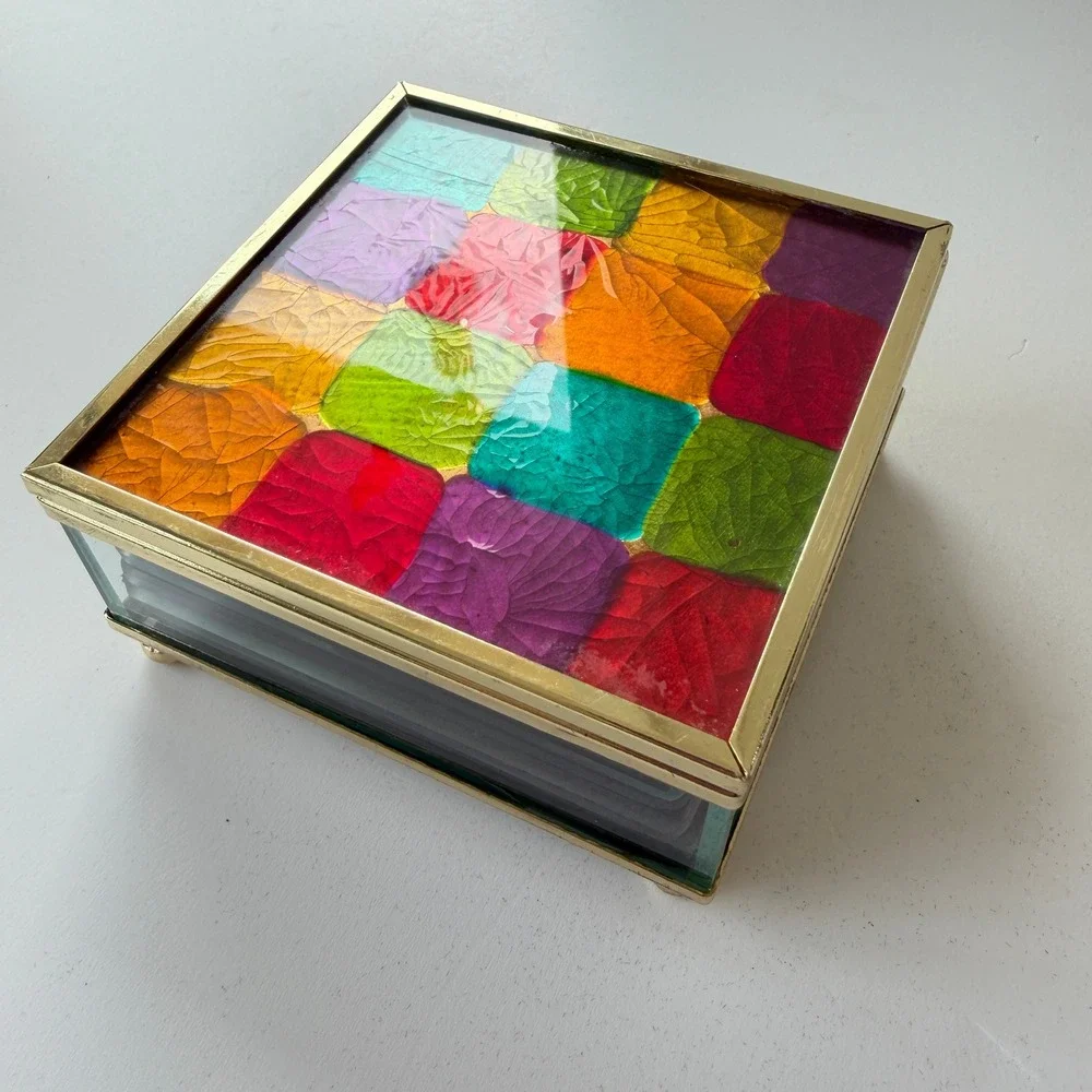 Vintage Glass Coaster Set 6pc Multi Color Patchwork Brass Tone Footed Box MCM